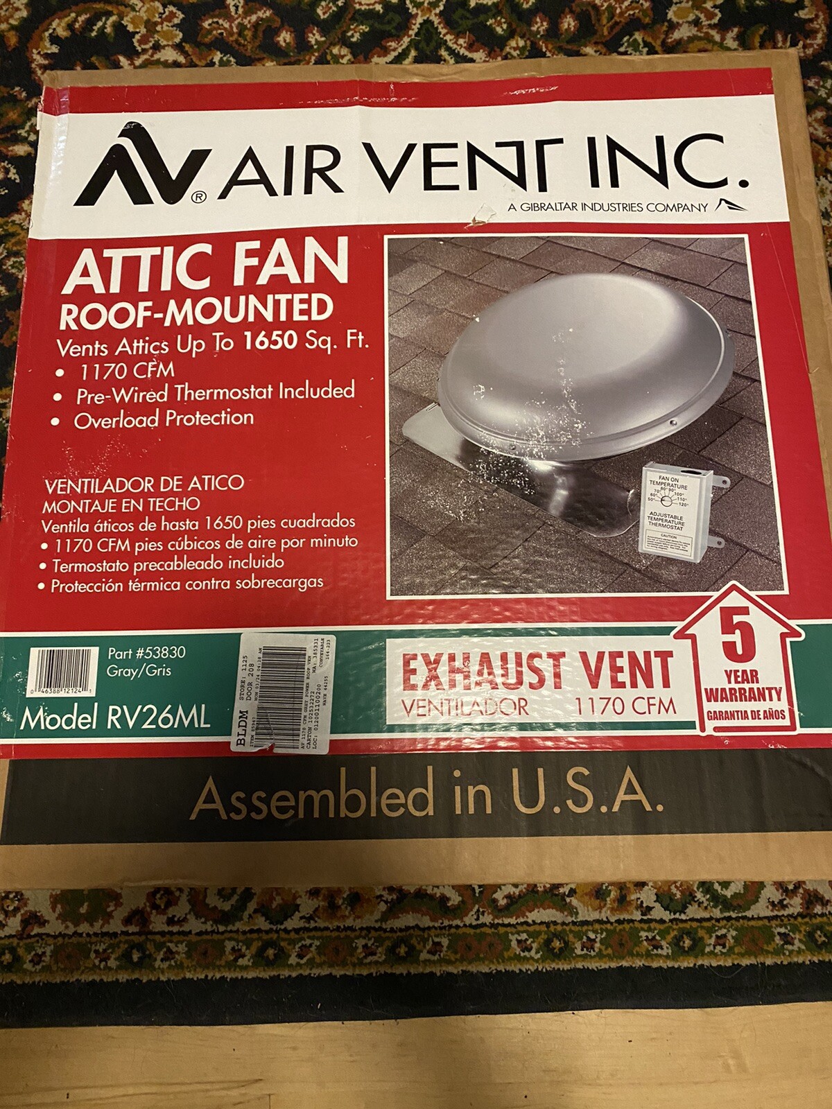 NIB: Home Roof-Mount 1170-CFM ATTIC FAN w/ Pre-Wired Thermostat | eBay