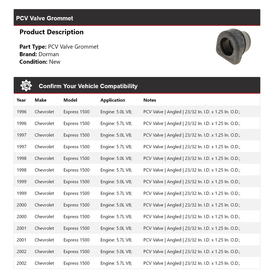 Клапанный люверс для Chevrolet Express 1500 Dorman 1996-2002 годов выпуска 1997 1998 1999 годов выпуска - Изображение 2 из 4