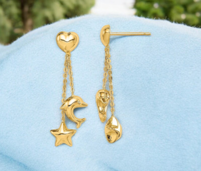 14k Yellow Gold Heart Star and Dolphin Dangle Post Earrings - 27.4mm -
