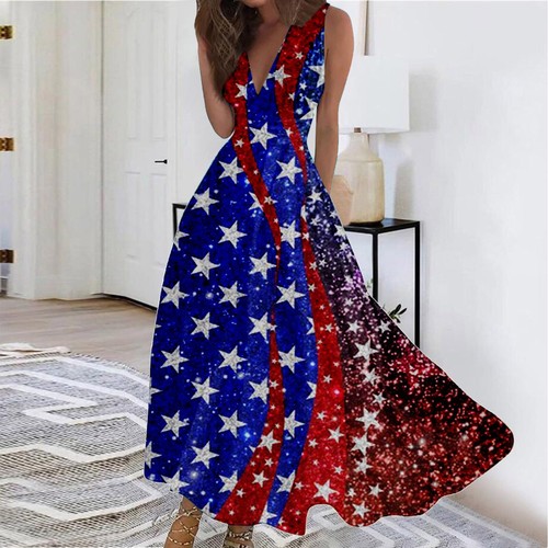 Women's Summer Dress American Flag USA Patriotic Deeep V Neck Sleeveless Dress - Picture 21 of 38