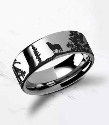 Engraved Tungsten Flat Animal Landscape Scene Wolf Minimalist Ring - 8mm