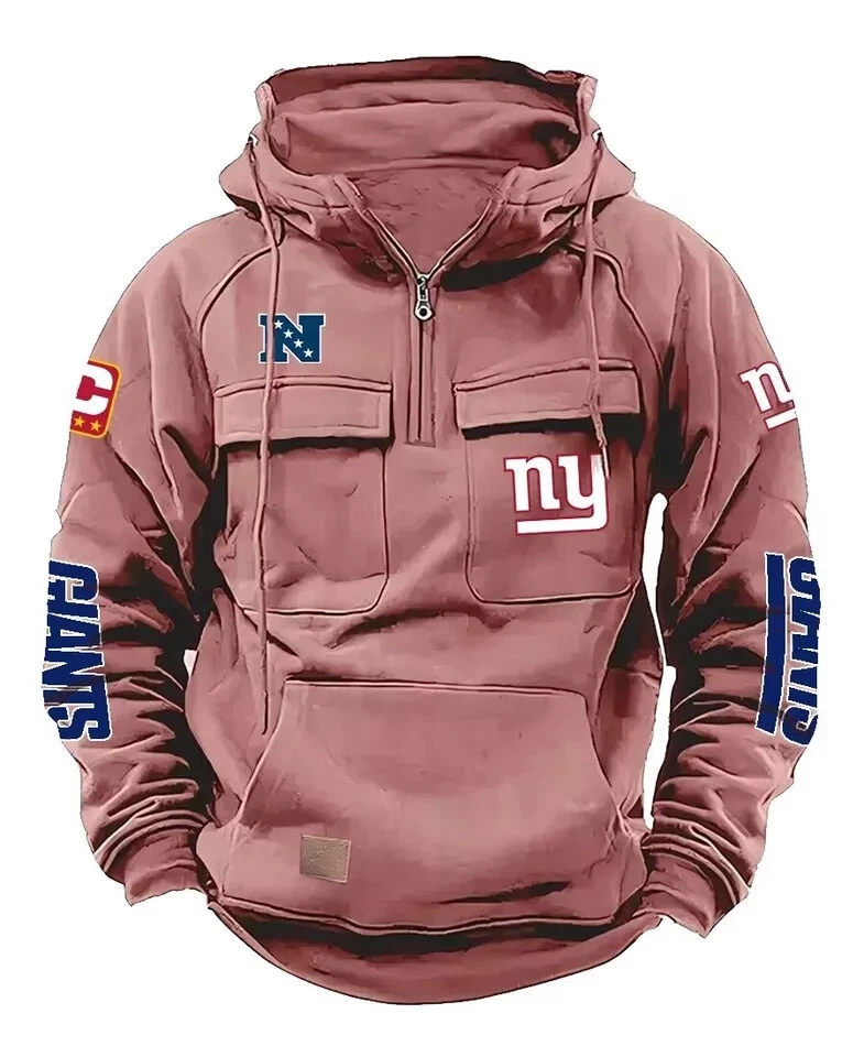 New York Football Team Men's Quarter Zip Cargo Hoodies