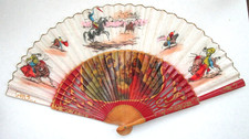 Vintage Wood  Fabric Folding Fan, Spanish Theme Bullfight  Flamenco Dancers