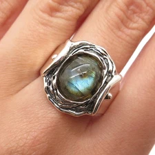 HAGIT GORALI 925 Sterling Vintage Real Labradorite Modernist Ring Size 9.25