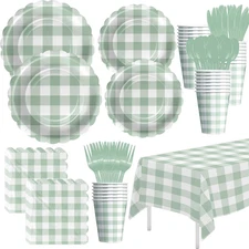 Sage Green Gingham Plates and Napkins Party Supplies, Green Checkered Disposa...