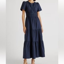 Quince 100% Organic Cotton Poplin Tiered Maxi Dress Navy Pockets L