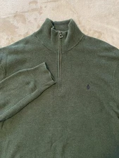 Polo Ralph Lauren Sweater Mens Medium Green Pima Cotton Quarter Zip Mock Neck