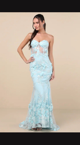Women’s Blue Strapless Lace Mermaid Gown Size S Corset Floral Embroidered Long