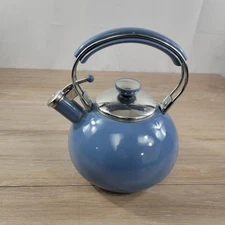 Blue Enamel Kettle Whistling Stovetop Tea Pot Shiny Handle