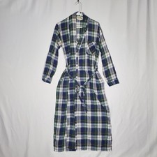 LL Bean Robe Medium Lightweight Blue Green Tartan Plaid Tie Belt Pocket USA Made