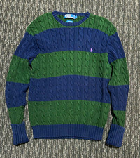 Vintage Polo by Ralph Lauren Cable Knit Sweater L Green Navy Rugby Stripe Cotton