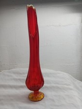 Vtg Viking L. E. Smith Glass Amberina Footed Swung Vase 20 1/2  Tall Ribbed Vase