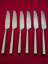 Lot Of 6 Unmarked Hammered Round Tip Stainless Heavy Solid Dinner Knives 9"