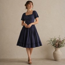Vintage 50s L Aiglon Navy Blue Cotton Dress Full Skirt Rockabilly XS/S
