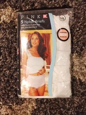 5 Pair PINK brand 100 Nylon Brief Panties, Size 10 Wide Lace White