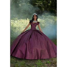 Glitter Princess Quinceanera Dresses Ball Gown V-Neck 3DFlower With Bow Sweet 16