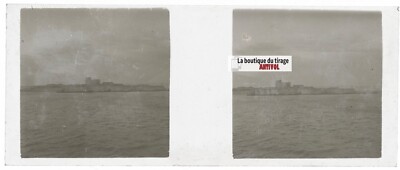Meer, Burg, Ruine, Stereo Glasplatte, schwarz-weiß positiv 4,5x10,7 cm