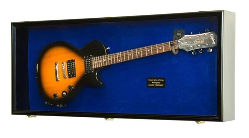 Guitar Display Case Black & Blue Wood Horizontal Electric Holder Wall Cabinet
