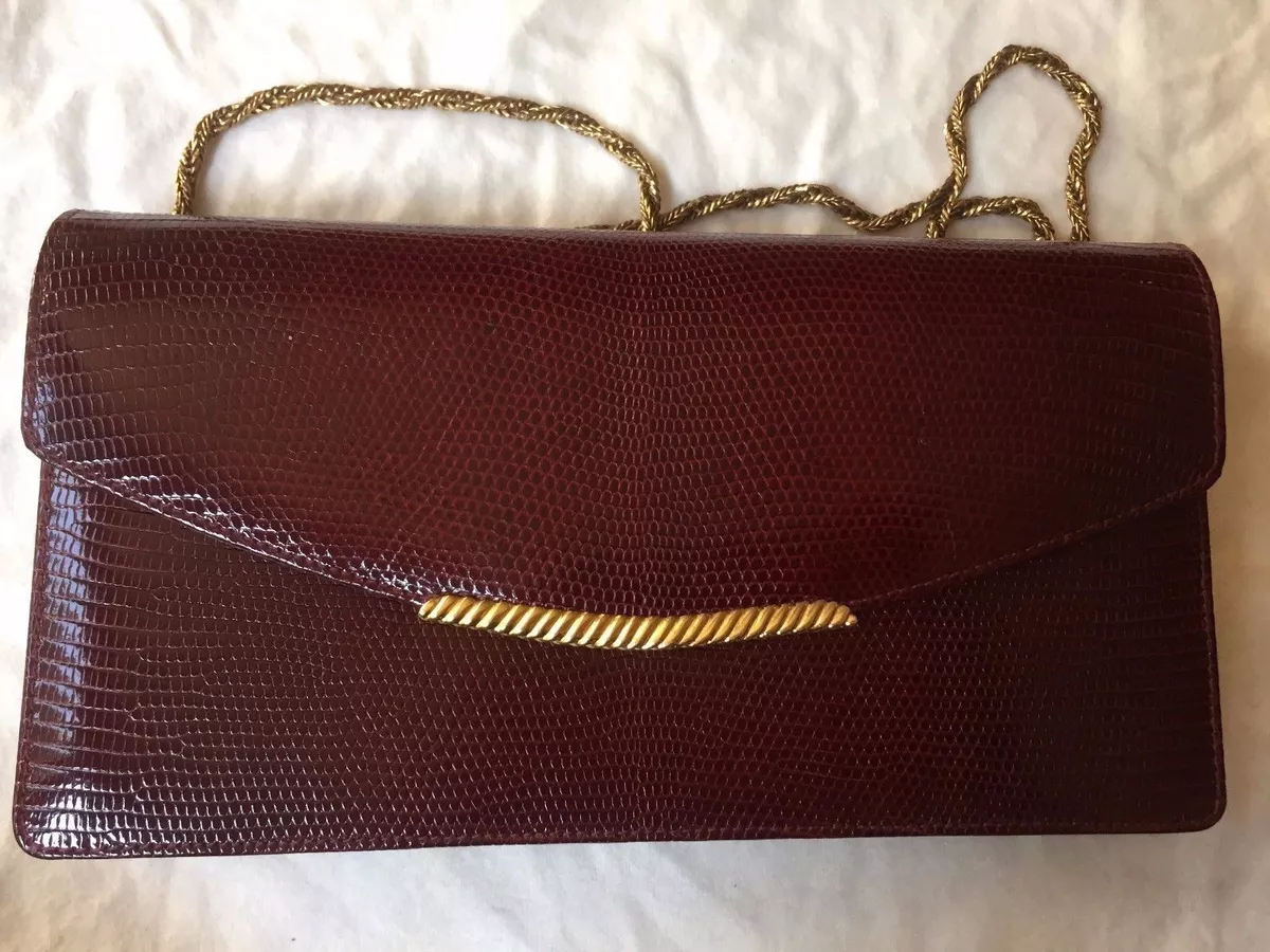 Mark Cross Italy Maroon Lizard Clutch Bag Gold Chain Strap Vintage