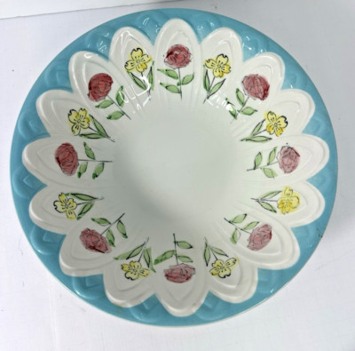 Vtg Serving bowl Roses Daffodils Flowers muted Teal raised Cottage Shabby Chic