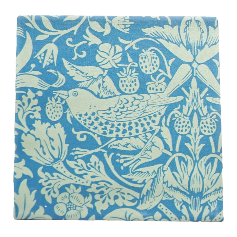 Diseño Strawberry Thief verde salvia/azul 4 pulgadas Posavasos de gres; Juego de 2 Foto 2 de 2