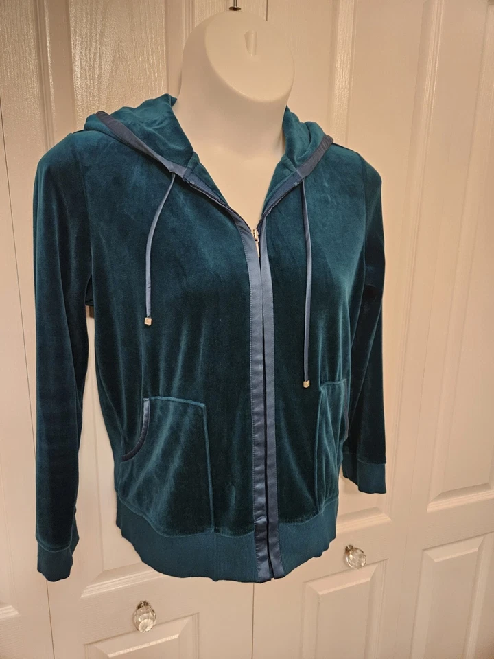 Liz Claiborne Women's XL Knit Velour Dark Teal Zip Up Hooded Hoodie Jacket - Image 2 of 4
