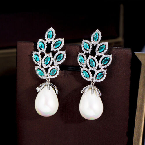 Charming White Gold Plated Light Blue CZ Leaf Dangle Long Pearl Drop Earrings - Picture 1 of 9