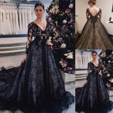 Black Gothic Wedding Dresses V Neck Long Sleeves Lace Appliques Sweep Train Plus