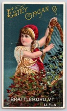 Estey Organ Co. Brattleboro, VT Victorian Trade Card - Girl Plays Harp