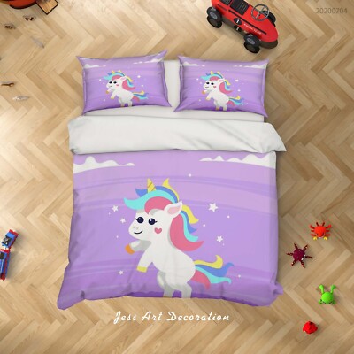 3D Cartoon Unicorn Clouds Purple Quilt Cover Set Bedding Sets Pillowcases 64