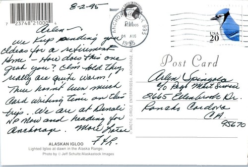 Alaskan Igloo Entzündete Auf At Nacht Postkarte Verschickt 1995 - Bild 2 von 2