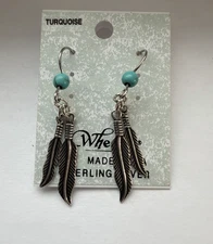 Vintage Wheeler Mfg Turquoise Sterling Silver 925 Feather Dangle Earrings