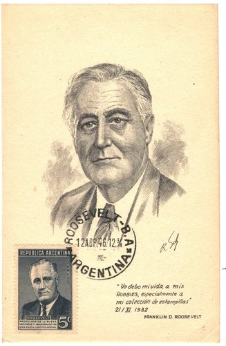 PRESIDENT ROOSEVELT FIRST DAY STAMP POSTAL CARD ARGENTINA. 1946