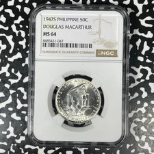 1947-S Philippines MacArthur 50 Centavos NGC MS64 Lot#G1443 Silver! Choice UNC!