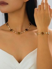Brown Gold Hollow Four Leaf Clover Necklace And Bracelet Set One Size