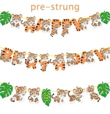 (2 sets) 3 Strand Orange Baby Tiger & Leaves Banners Safari Jungle Theme...