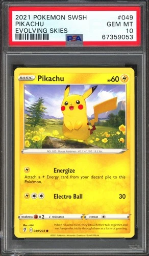 PSA 10 Evolving Skies Pikachu 049/203 Sword Shield SWSH Art Pokemon Card Mint