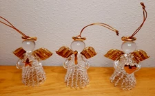 Set Of 3 Glass Angels W/ Gold Trim Holding A Star, Heart, Candle Ornaments