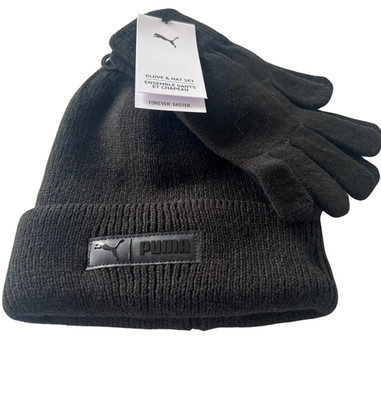 Puma Men's 2-Piece Cuff Beanie and Gloves Set Black One size NEW