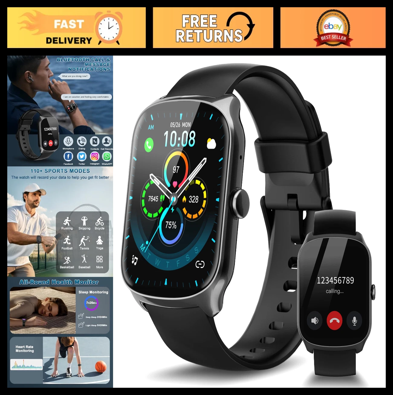 HD Curved Screen Smartwatch for Fitness, Calls, 112 Sport Modes, IP68 Waterproof