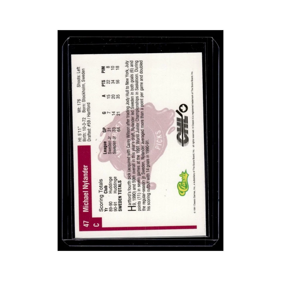 Michael Nylander 1991 Classic Draft Picks #47.0 Hartford Whalers Hockey Card NM - Image 2 of 3