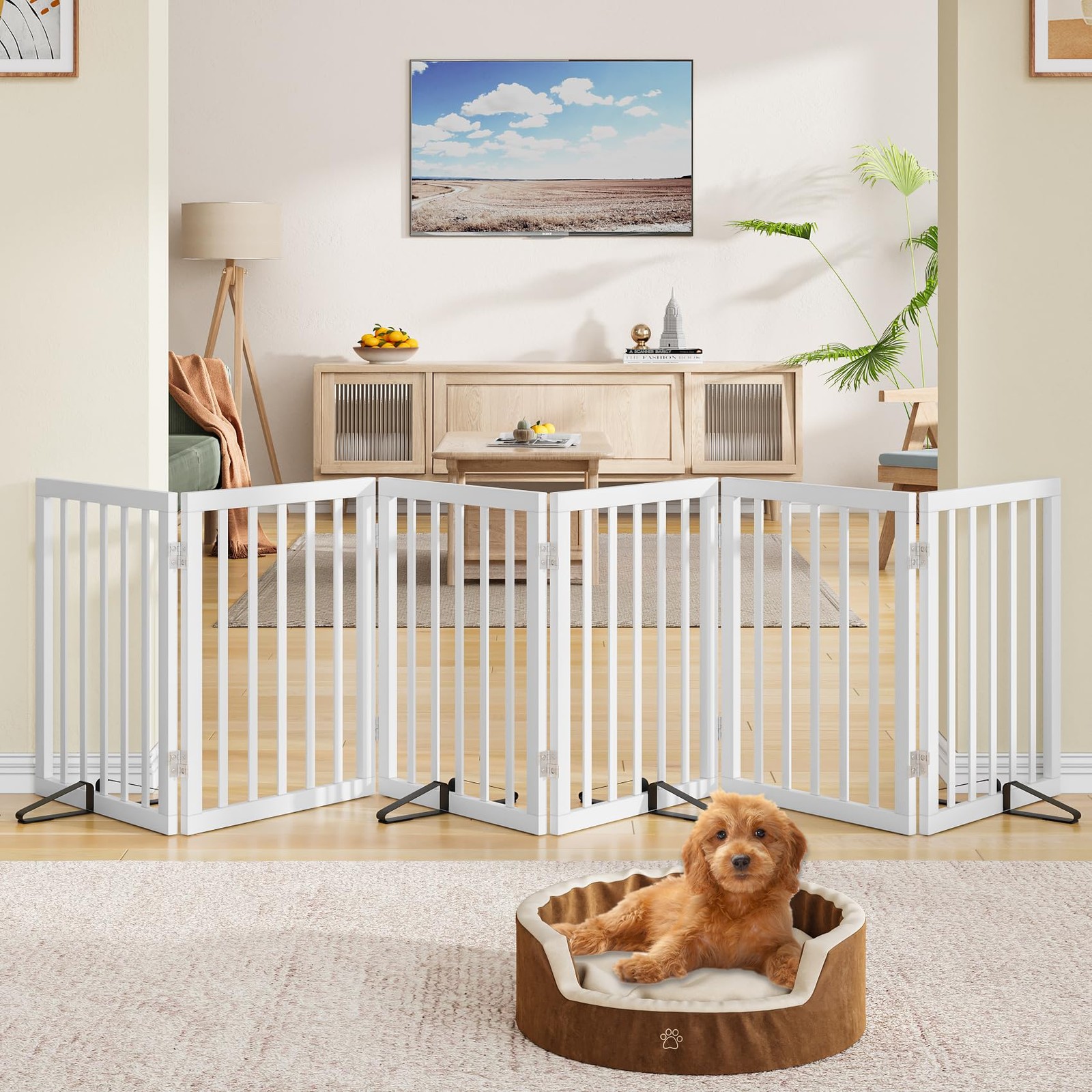 Wooden Dog Gate Freestanding Foldable 6 Panel Pet Gates Extra Wide Dog Gates...