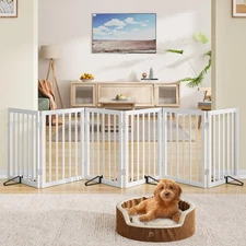 Wooden Dog Gate Freestanding Foldable 6 Panel Pet Gates Extra Wide Dog Gates...