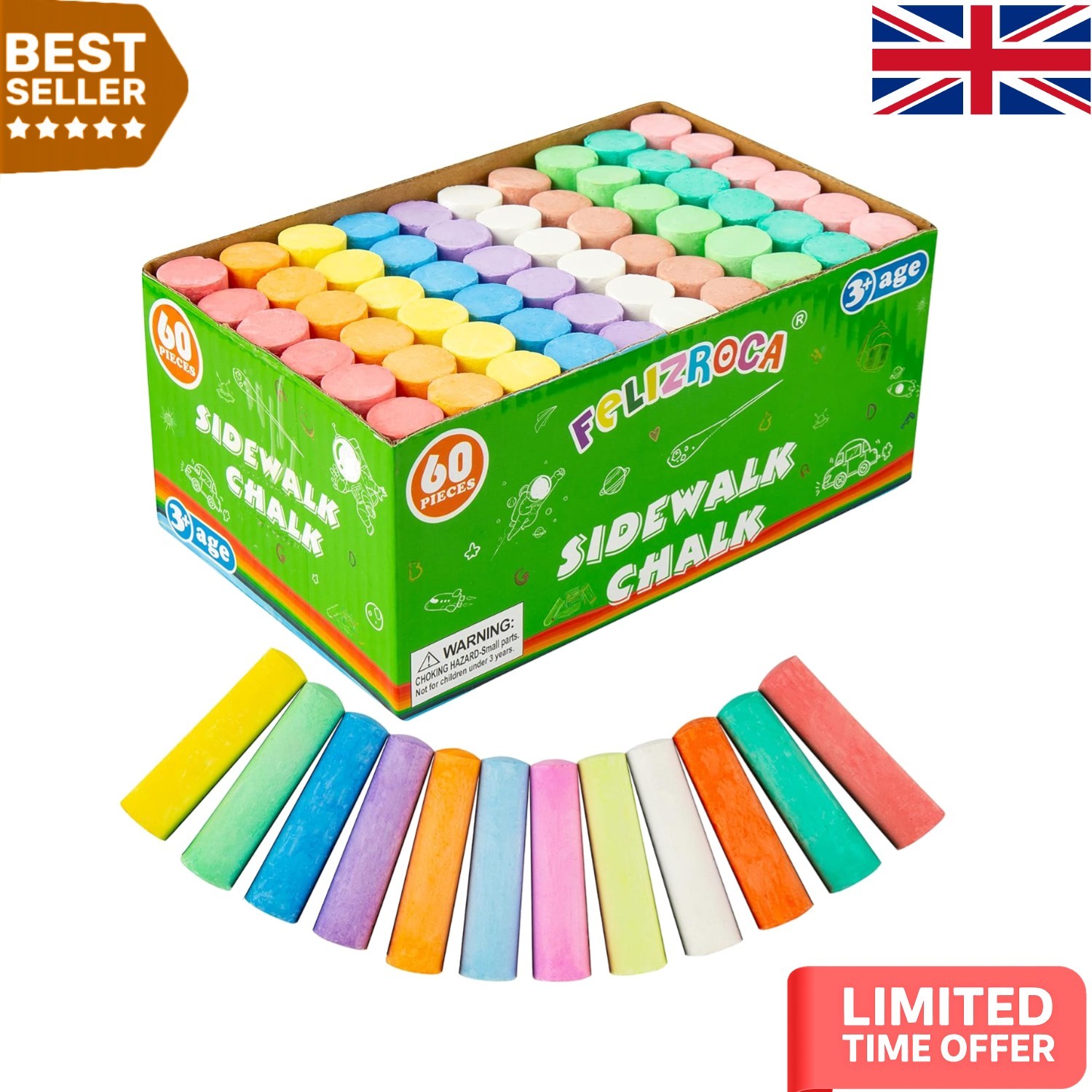 Vibrant 60-Pack Sidewalk Chalk - Non-Toxic Jumbo Chalk for Creative Outdoor Play
