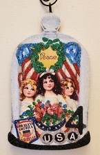 GIRLS w FLAGS, USA, GOD BLESS AMERICA Glitter PATRIOTIC JULY 4 ORNAMENT Vtg Img