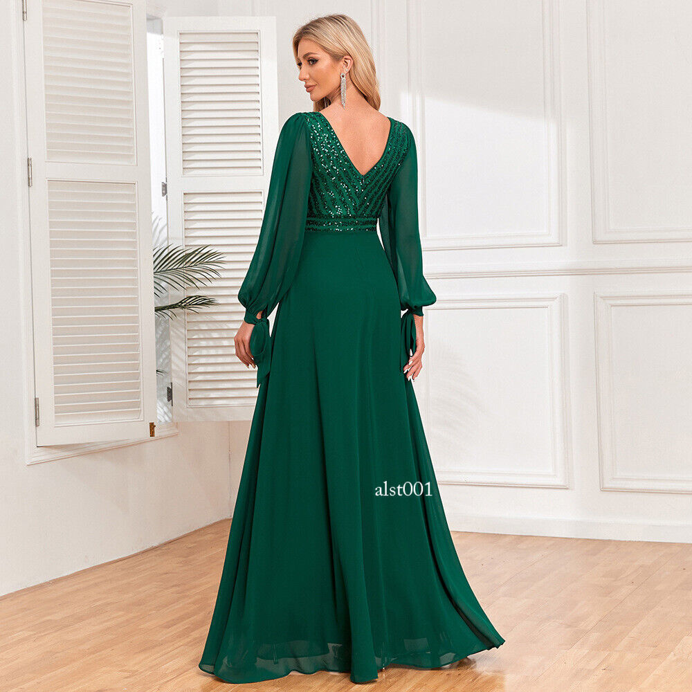 New Long Sleeved Lace Up Dress Womens Double V-neck Chiffon A-line Evening Gown | eBay New Long Sleeved Lace Up Dress Womens Double V-neck Chiffon A-line Evening Gown | eBay