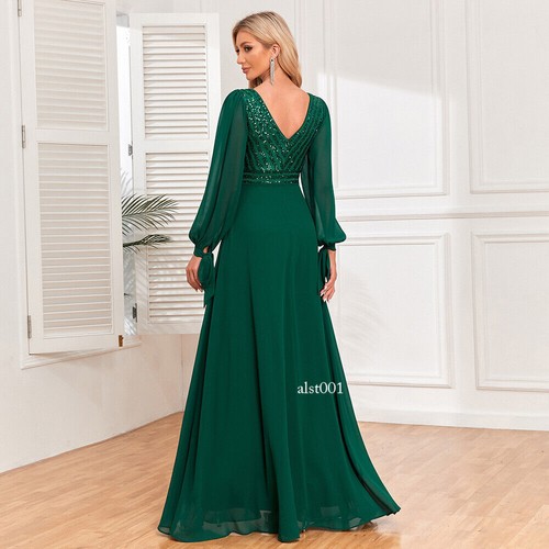 New Long Sleeved Lace Up Dress Womens Double V-neck Chiffon A-line Evening Gown - Bild 14 von 25