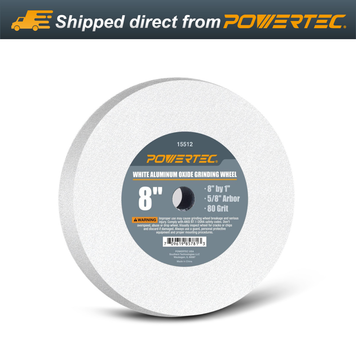 POWERTEC 8 x 1 in, Bench Grinding Wheel, 80 Grit, 5/8" Arbor, Aluminum Oxide