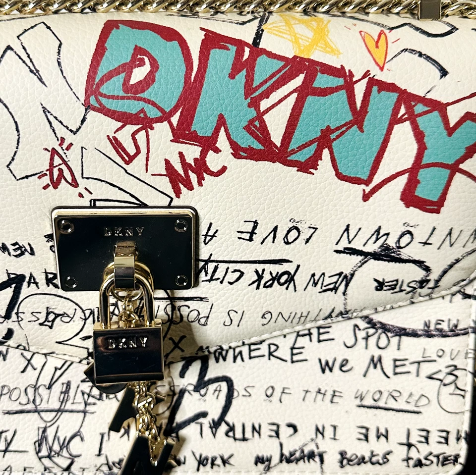 DKNY Elissa Crossbody Bag Purse Graphic Logo Print Beige - Image 3 of 4