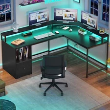 67" L Shaped Desk with Power Outlets & LED Lights Computer Desk w/ File Drawer